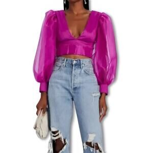 Kimberly Goldson Liyah Sheer Crop Top Puff Sleeve Back Zip Closure Pink XS NWOT